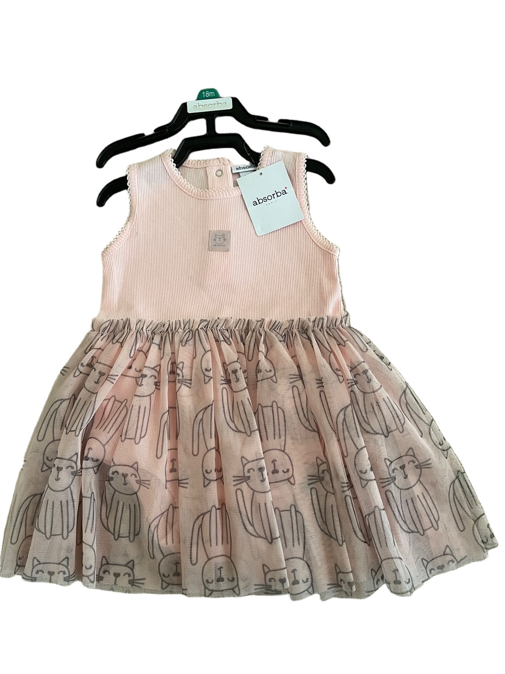 Absorba Pale Pink Cat-Print Tulle Dress 18 Mo. NWT